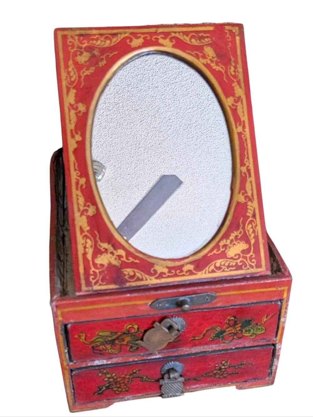Vintage Antique Chinese Red Jewelry Box Folding Vanity Mirror 2 Drawers